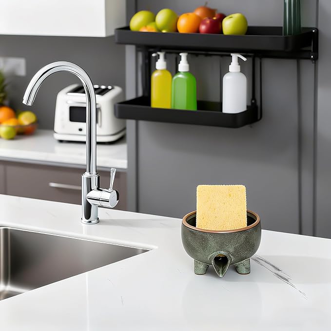 Soap Dish with Drainage, Ceramic Self Draining bar Soap Holder | Soap saver for shower, bathroom, kitchen sink, countertop. Keeps bar dry & lasts longer. Round Avocado Green