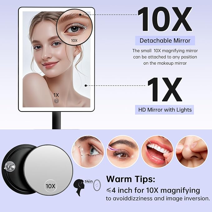 FUNTOUCH 4500mAh Large Makeup Vanity Mirror with Lights & 96 LED,Black | Rechargeable Lighted Makeup Mirror with 10x Magnifying Mirror,3 Color Lighting 360°Rotation Touch Dimmable with Phone Holder