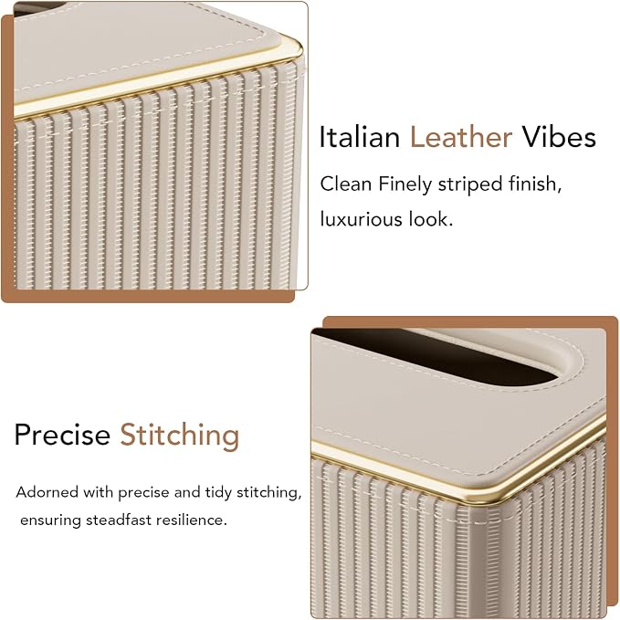 GORESE Tissue Box Cover Square for Kleenexs, PU Leather Tissue Box Holder with Gold-Tone Edging, Decorative Tissue Cover for Bathroom Livingroom Car, Modern Cube Tissue Holder, Beige