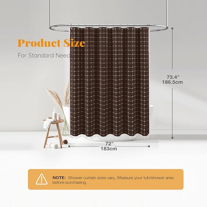 Brown Boho Farmhouse Linen Heavy Duty Fabric Shower Curtain Set, 72x72 | 330GSM Linen Blend, Classic Plaid, 3-side Tassels, Water Repellent Cloth, 12 Plastic Hook, Rustic Bohemian, Machine Washable