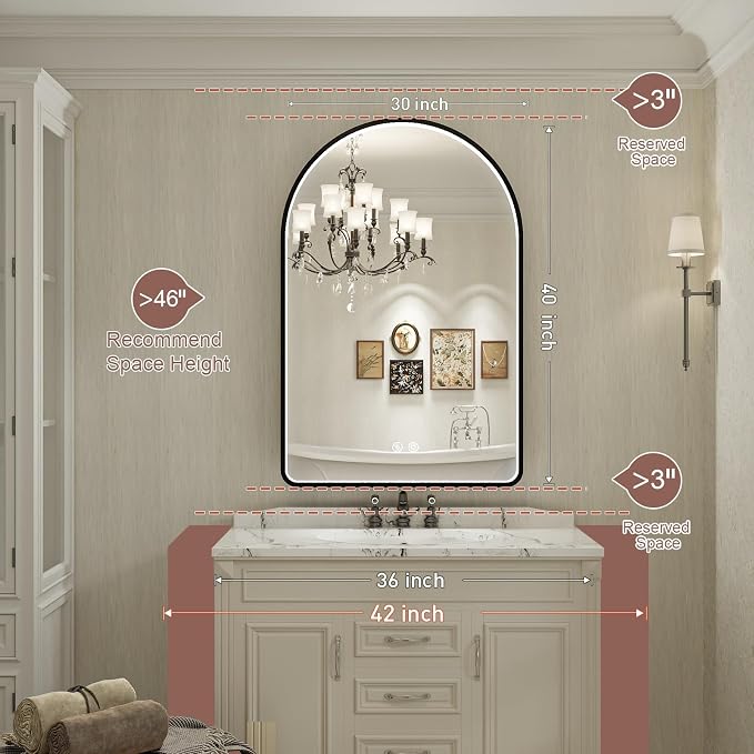 40X30 Inch Black Framed Arched LED Mirror for Bathroom,3 Color | ETL Listed,Anti-Fog,3000K/4500K/6000K Dimmable,Horizontal & Vertical,Wall Mounted,Memory Function,Ideal for Bathroom,Vanity