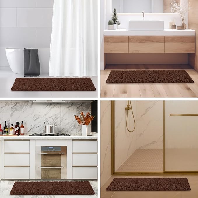 Bathroom Runner Rug 47 x 17 Inch – Long Bath Mat | Absorbent and Washable Thick Chenille Bath Rug Non-Slip Runner Rug for Bathroom, Shower, Sink(Brown)