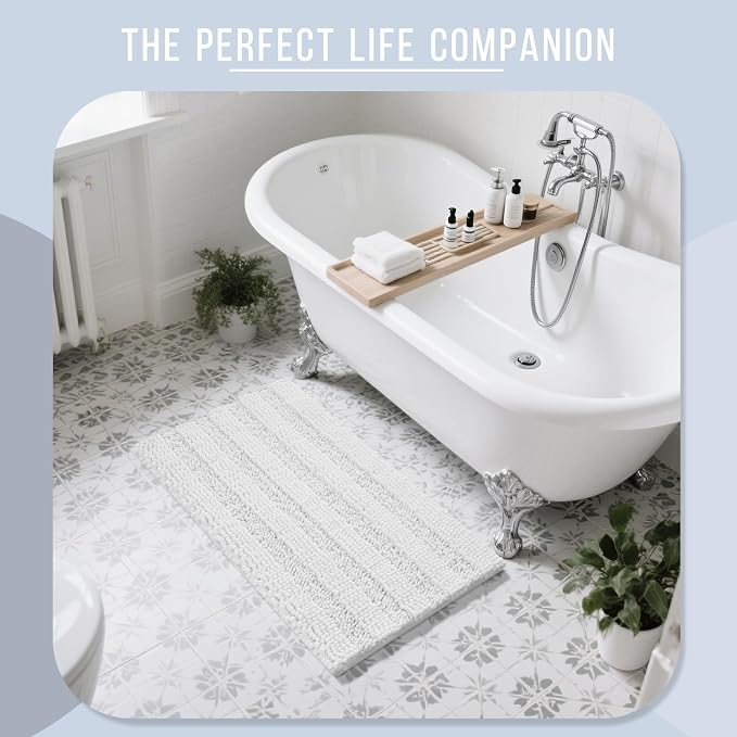 Yimobra Bathroom Rug Mat 44 x 24, Non Slip and Super Absorbent Bath Mat,Machine Washable Quick Dry,Ultra Plush Chenille Shower Rugs for Bathroom Floor Sink Tub and Shower Outside,White