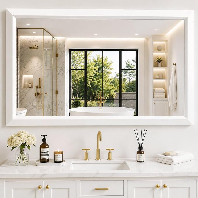 White Bathroom Mirror for Over Sink, 38x40Inch Thick Anti-Rust Metal Frame, Rectangle Decorative Wall Mirror with HD Tempered Glass Horizontal or Vertical Mount for Vanity, Bedroom, Living Room
