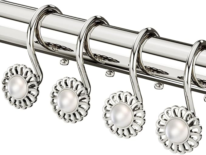 Nickel Shower Curtain Hooks Rings, Decorative Shower Curtain Hangers, Heavy Duty Metal Shower Rings, Sunflower Shower Hooks for Shower Curtain Rod and Liner, Bathroom Curtain Hooks, Set of 12 | Flower curtain hanger, pearl inlaid sunflower design, anti...