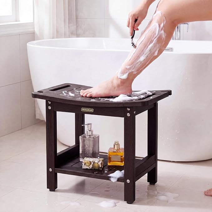 HDPS Shower Bench Waterproof Shower Chair Stool with Storage Shelf, Coffee | Heavy Duty Bathroom Bench Seat with Adjustable Feet, Anti-Rotting, No-Slip, Space-Save, No-Maintenance