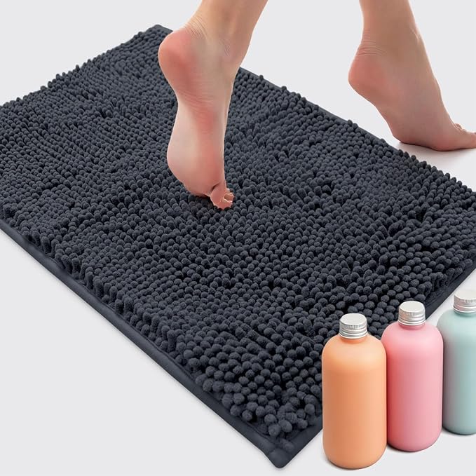 Ultra Soft Texture Chenille Plush Bath Rugs Floor Mats, Bath Rug Non Slip Microfiber Door Mat for Kitchen/Entryway/Living Room (30 x 20 inches, Charcoal)