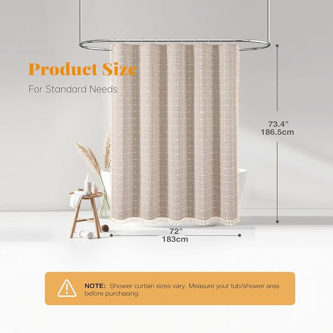 Taupe Boho Farmhouse Linen Heavy Duty Shower Curtain Set, 72x72, Tan | 330GSM Linen Blend, Classic Plaid, 3-side Tassels, Water Repellent Fabric, 12 Plastic Hook, Rustic Bohemian, Machine Washable