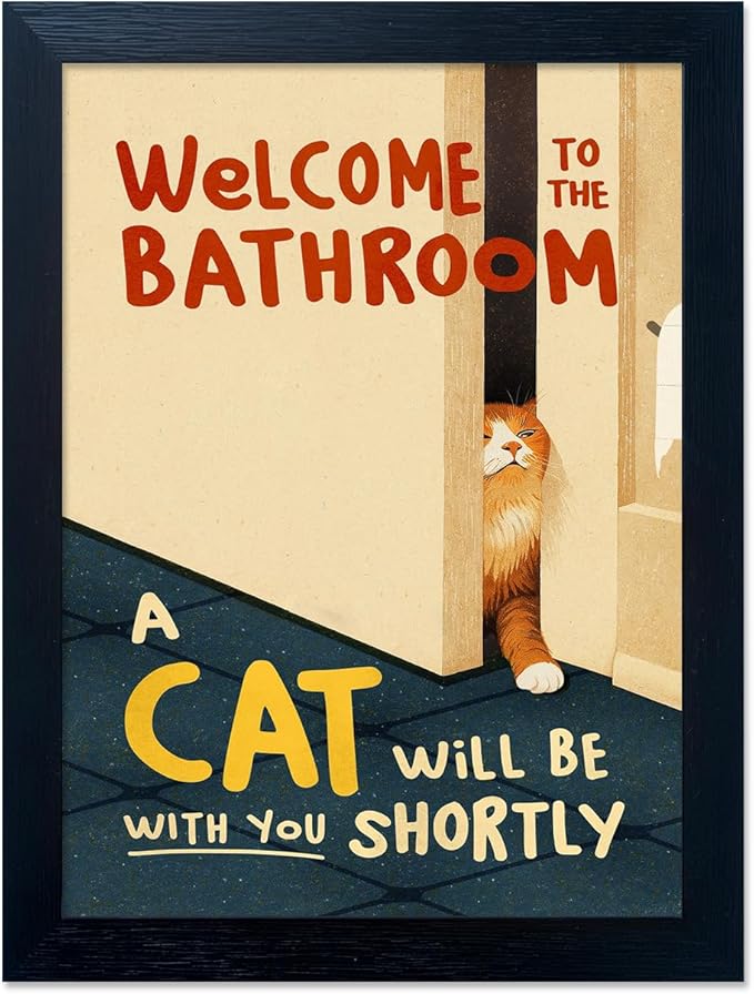 Welcome to the Bathroom Decor Framed Funny Bathroom Wall Art A cat Will be With You Shortly Cat Lover Canvas Print Artwork Modern Washroom Decor