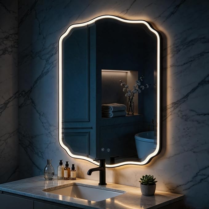POZINO 36"x24" Scalloped LED Bathroom Mirror with Lights, Black Metal Frame | Beveled Edge, 3 Color Dimmable, Anti-Fog, Memory Function, IP65 Waterproof, Smart Bathroom Vanity Mirror with Front Lights