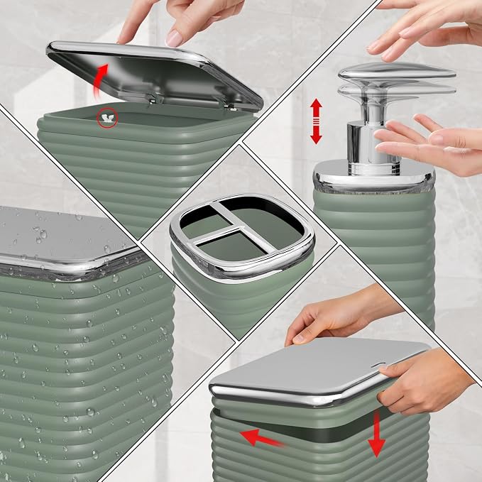 Bathroom Set - 10PC Bathroom Accessory Set, Sage Green Bathroom Set, Luxury Bathroom Accessories Set, Trash Can, Toilet Brush, Soap Dish, Qtip Holder & Soap Dispenser
