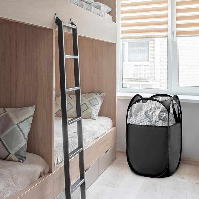 TECHMILLY Pop Up Foldable Laundry Basket, Mesh Laundry Hamper with Reinforced Handles for Dirty Clothes Storage in Dorm, Laundry Room, Bathroom, Black(Fabric)