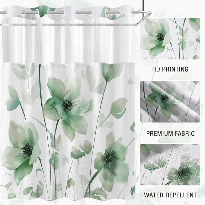 No Hook Shower Curtain and Liner Set, Green Boho Floral 71x84 | Watercolor Boho Flower, with Snap in Liner, Waterproof, Machine Washable, Quick-Drying, for Hotel Bathroom