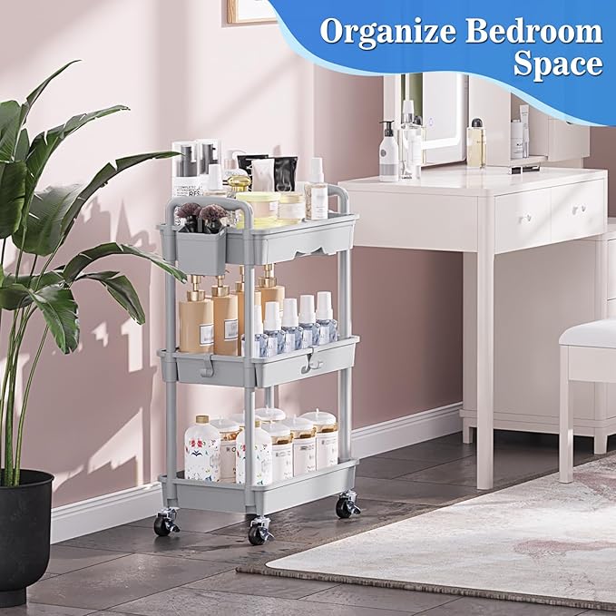 SUNALLY 3 Tier Rolling Cart with Drawer, Craft Storage Cart Organizer, Gray | Bathroom Storage Organizer with 2 Lockable Wheels, Rolling Utility Cart for Kitchen, Office, Baby, Makeup, Nail,Snack,Laundry