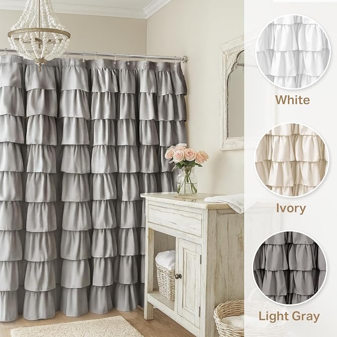 Seasonwood Ruffle Shower Curtain Gray, 72" x 72" | Cascading full-length fabric tiers, soft dimensional texture, vintage shabby chic styling for decorative bathroom updates