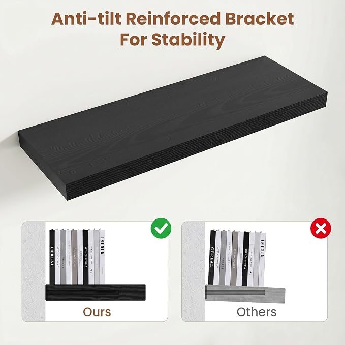 Vivelove Floating Shelves for Wall 18x12” Set of 2, Black | Easy Install With Hardware, 2" Thick, Invisible Brackets, Wall Mounted, No Sagging, For Any Room