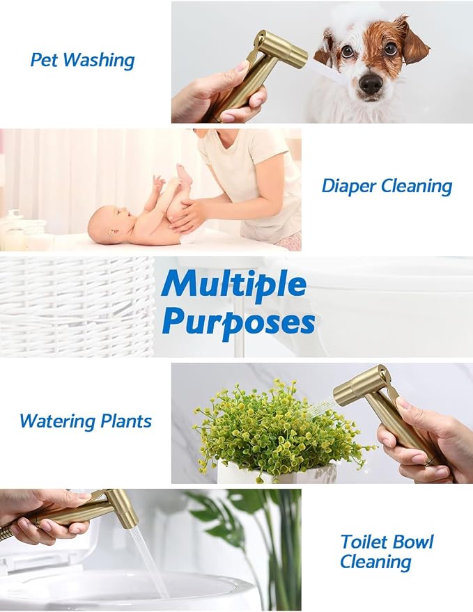 Bidet Sprayer for Toilet, Adjustable Pressure, Gold | Leak-Free Hose, Tank or Wall Mount, Feminine Wash, Cloth Diaper Rinse, Stainless Steel Body, Nozzle, Soft Silicone Nozzle
