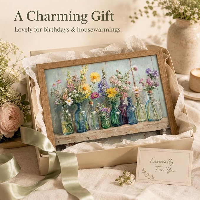 Wood Framed Farmhouse Plants Flowers Wall Art Wildflowers Colorful Glass Bottles Wall Decor Rustic Wildflower Poster Print Artwork for Bathroom Living Room Bedroom Study Room Home Decoration