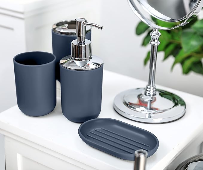 Moss & Stone 6-Piece Blue Bathroom Accessories Set, Soap Dispenser | Modern Plastic Bathroom Set with Toothbrush Holder, Soap Dish, Cup & Trash Can for Countertop Organization and Bathroom Decor