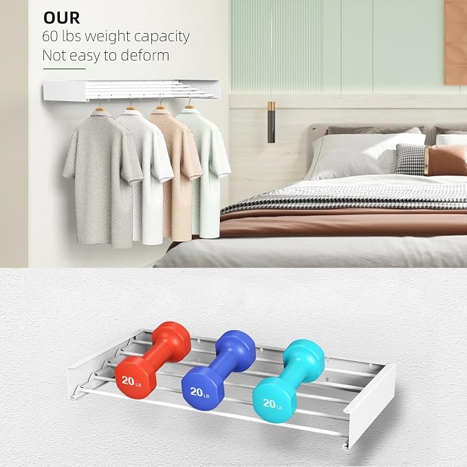 Laundry Drying Rack, Collapsible Wall Mounted Clothes Drying Rack - Drying Rack Clothing Foldable,Space Saving, 32" Wide, 13.2 Linear Ft, 5 Aluminum Rods, 60 lb Capacity (White, 32")
