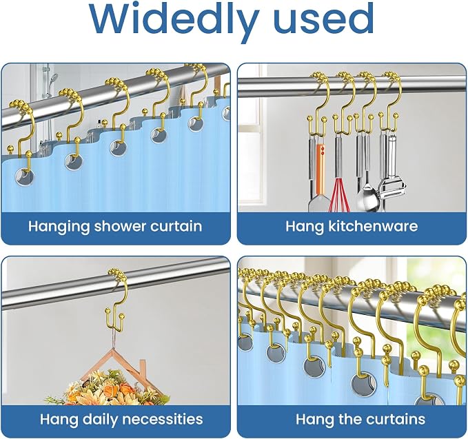 Gold Shower Curtain Hooks Double Sided with Roller Balls | for Bathroom Rods, for Shower Curtain and Liner, Smooth Gliding, Rustproof Metal, Set of 12 Hooks