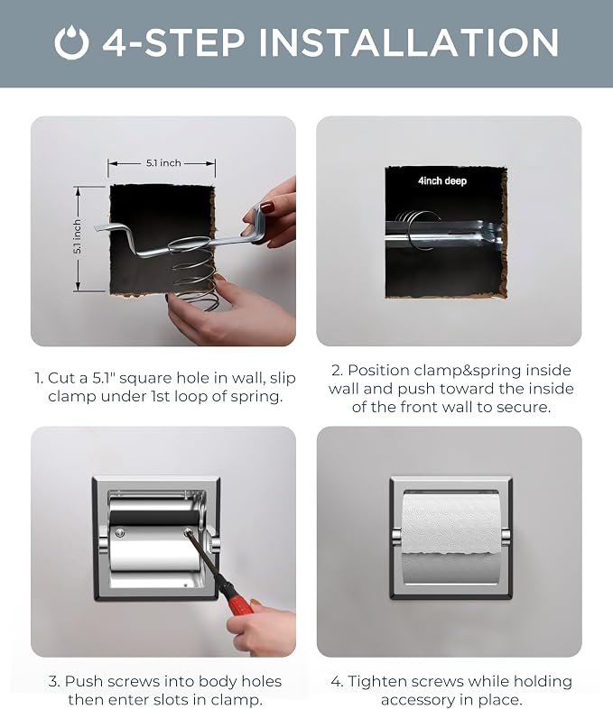 FORIOUS Recessed Toilet Paper Holder for Mega Rolls, Chrome | Stainless Steel Tissue Roll Holder Wall Mount for Bathroom Space-Saving Design, in Wall Toilet Paper Dispenser Insert