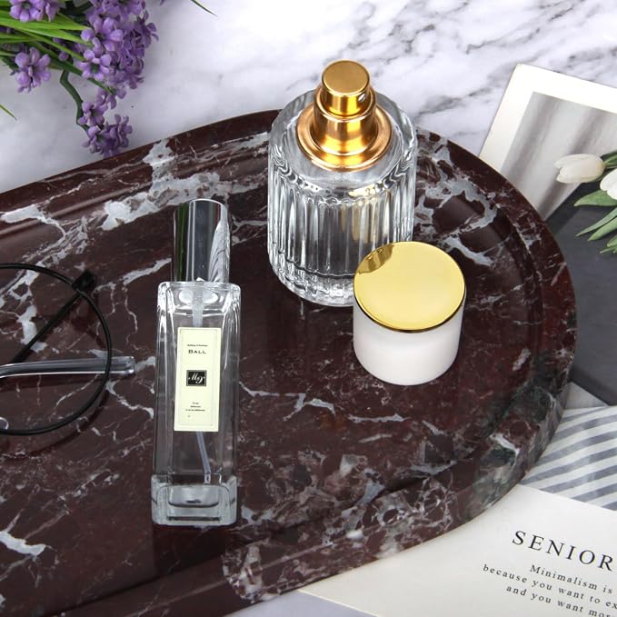 Oval Marble Bathroom Vanity Tray, Rosso Lepanto, 12" x 6" x 0.8" | Natural Luxury Marble, Home Kitchen Bathroom Table Tray, Stone Decorative Countertop Tray, For Coffee Perfume Jewelry