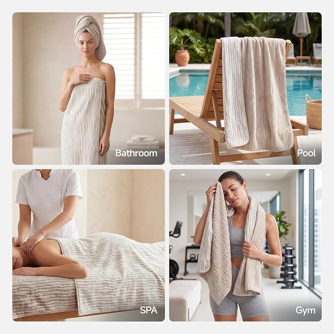 REDKISS 2 Pack Beige Bath Towels Set, 100% Cotton Double-Sided Design | Ultra Soft, Super Absorbent, Quick Dry Bathroom Towels for Bathroom, Gym, Spa, Pool, Hotel & Family Use, 29 x 59 Inches