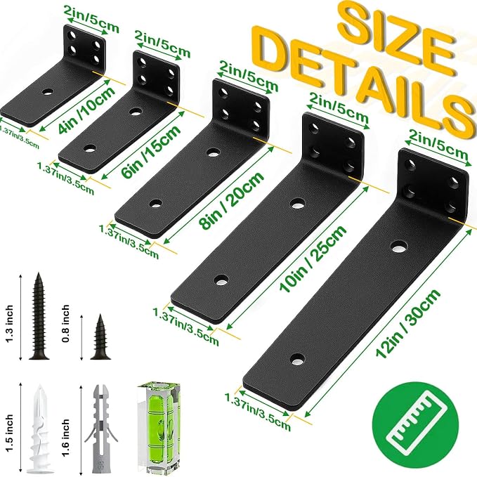 Floating Shelf Bracket 4 Inch of 4 Pack Heavy Duty Shelf Brackets Black Coated Metal L Bracket Wall Shelf Support DIY Brackets with 1/5 Inch Thick and 160 LBS Load Capacity