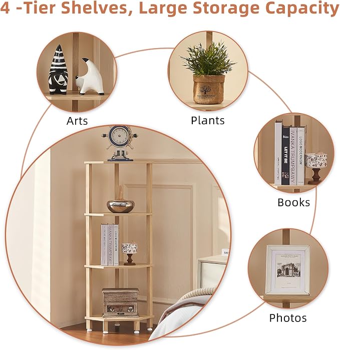 YUFAM 4-Tier Corner Shelf, Natural | Wooden Corner Bookshelf for Small Spaces, Corner Standing Shelf with Sturdy 5-Leg Base for bathroom