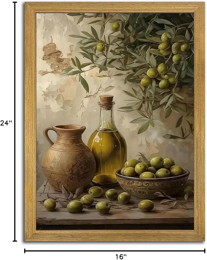 Wood Framed Olive Kitchen Wall Art, Vintage Rustic Still Life Canvas Print, Green Olives Poster Print Picture, Fruit Wall Decor Painting for Dining Room Cafe Restaurant Farmhouse Home Decor 16x24 inch