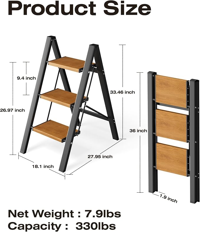 Taranta 3 Step Stool Foldable,Aluminum Step Ladder-BlackWoodgrain | Lightweight,Wide Anti-Slip Pedals,Folding Step Stool,330lbs Capacity for Household,Kitchen,Office