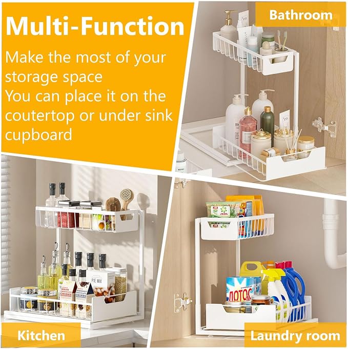Ceetug Under Kitchen Sink Organizers and Storage, White, 2 Pack | Slide Out Drawer, L-shape, 2 Tier, Cabinet Organizer for Kitchen Bathroom