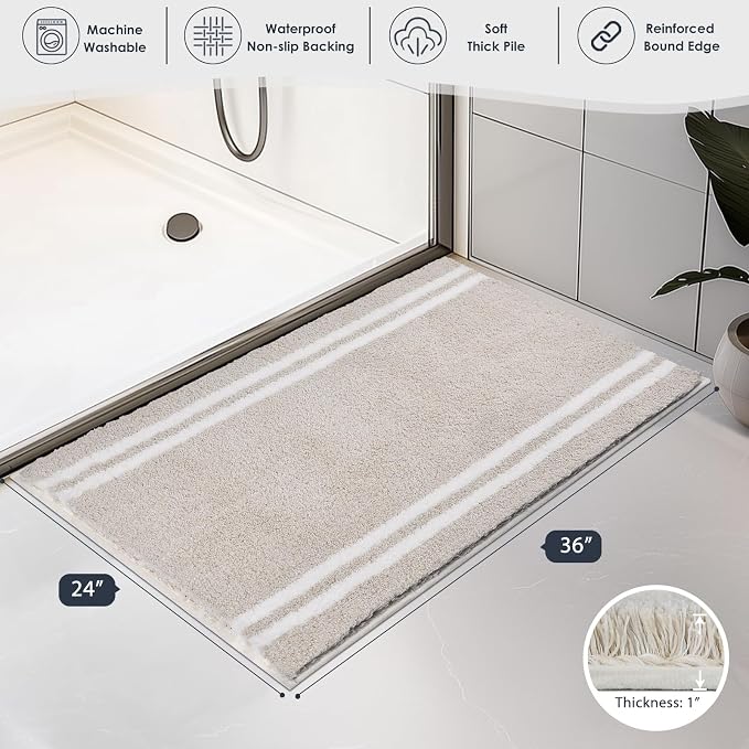 PURRUGS Bathroom Rug, Bath Mat, 24" x 36", Beige | Machine Washable, Non-Slip, Waterproof TPR Backing, Super Absorbent, Quick Dry, Bath Rug for Shower, Bathtub, and Sink