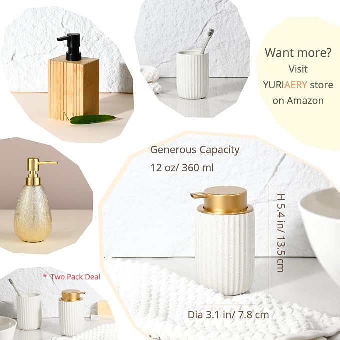 Speckled White Ceramic Foam Dispenser 2 Pack, Rippled Gold Top | Modern Minimal Design, Subtle Bathroom Upgrade, Elegant Gold Accent, Marble Decor Match, Soft Foam Pump, 12 oz Capacity