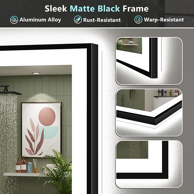 40x30 Black Framed LED Bathroom Mirror Backlit & Front Lit Anti-Fog | Lighted Vanity Mirror with Lights Wall Mounted, 3 Color Dimmable, Memory, Shatter-Proof, HD Tempered Glass, CRI95, UL Listed