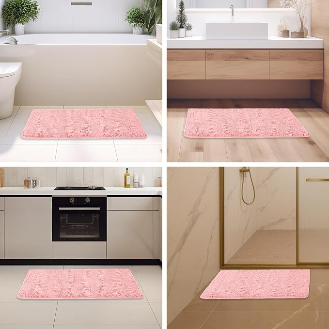 Pink Bathroom Rugs – Absorbent and Washable Bath Mat, Non-Slip, Thick Soft Chenille Bath Rugs for Bathroom Floor, Shower, Sink - 24" x 36"