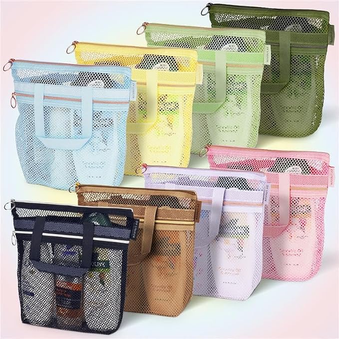 Mesh Shower Bag 10.2x9.9'' Quick-Dry Caddy with Zipper & 2 Pockets. Portable Toiletry Tote for Bathroom, Gym, Travel, Camp, Beach, for Sunscreen, Dorm & College Essentials (Blue)