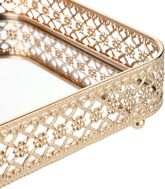 ELLDOO Gold Mirror Glass Perfume & Makeup Vanity Tray, Medium Size | Hollow-Carved Jewelry Storage, Metal Trinket Organizer for Dresser Bathroom Countertop Home Decor