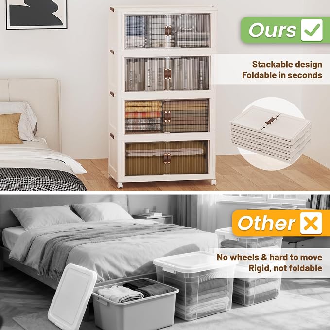 SAILUN 580Qt Stackable Storage Bins,Storage Cabinet a Lid,4Pack Blush White | Stackable Storage Drawers with Lids,28" W x 17" D x 61" H,Featuring open-front Access for Clothes and Closet Storage