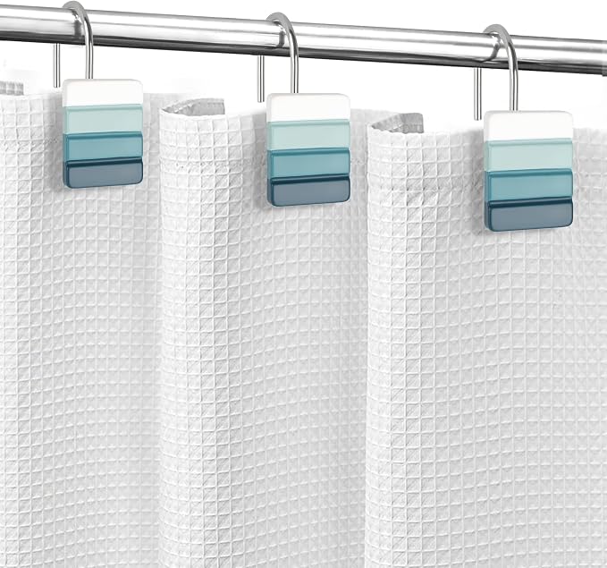 Sunlit Ombre Teal Decorative Shower Curtain Hooks, Teal White Gradient Shower Curtain Rings, Resin, Bathroom Decoration Stripes Shower Curtain Hangers, 12 Pack