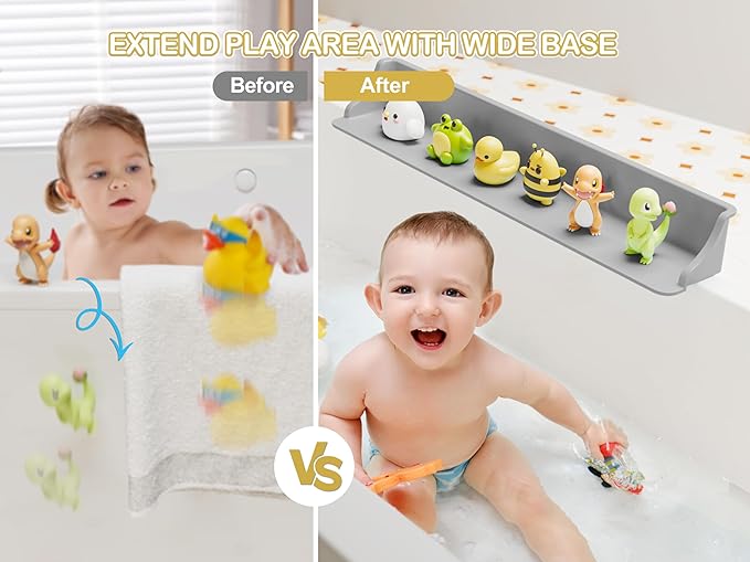 Cushore 3-Ft Bathtub Splash Guard PlayPad with Strong Suction Cups, Toy Tray Caddy Holder Storage, No-Leak, Mess-Free Bath Time for Kids, Grey