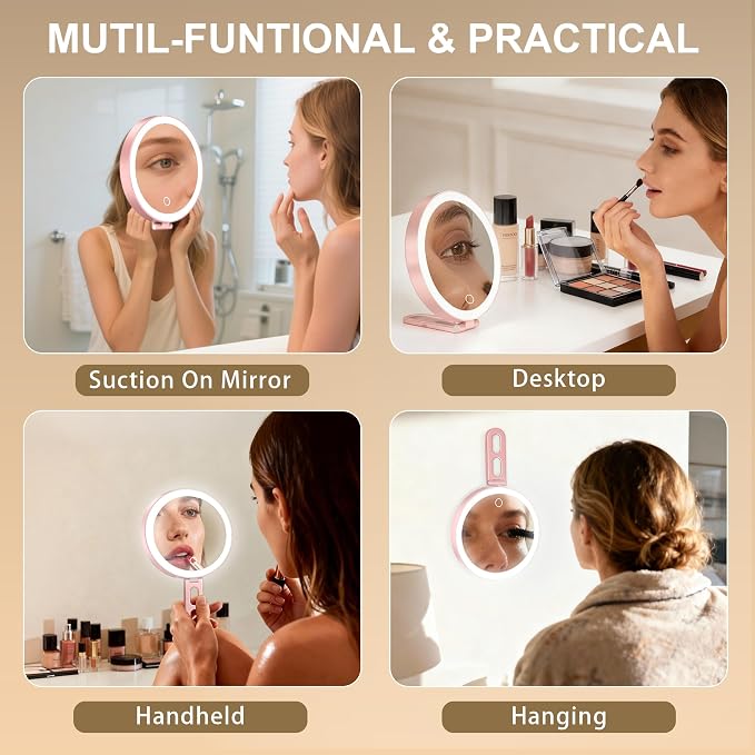 Mocado 30x Magnifying Mirror with Light, 6" Magnifying Mirror Suction Cup | 3 Colors Light, Dimmable Touch, 0-100% Brightness Adjustable, Stable Stand, 2000mAh Rechargeable, Handheld Mirror,(Rose Gold)