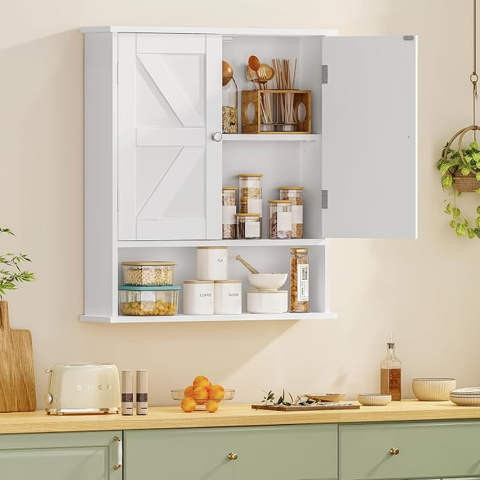 Bathroom Wall Cabinet, Bathroom Cabinet with Barn Doors & Adjustable Shelf, Over The Toilet Storage Cabinet, Medicine Cabinet, White UNGGX001WV1