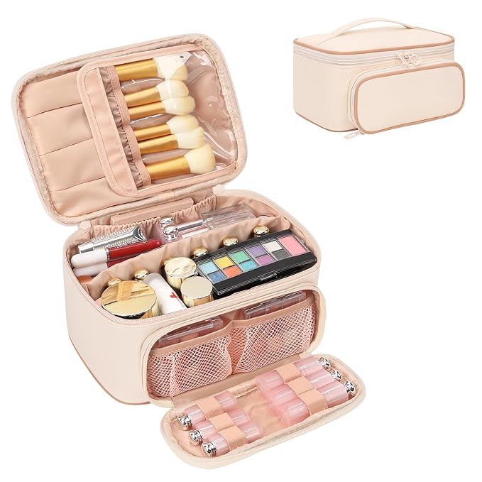 Makeup Bag, Multifunctional Large Cosmetic Organizer Toiletry Brushes Storage Case for Women Girls with Handle Divider - Beige