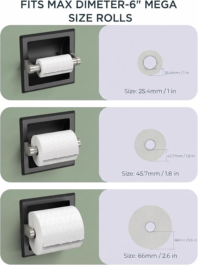 FORIOUS Recessed Toilet Paper Holder for Mega Roll, Black & Brushed Nickel | Stainless Steel Tissue Roll Holder Wall Mount for Bathroom Space-Saving Design, in Wall Toilet Paper Dispenser Insert