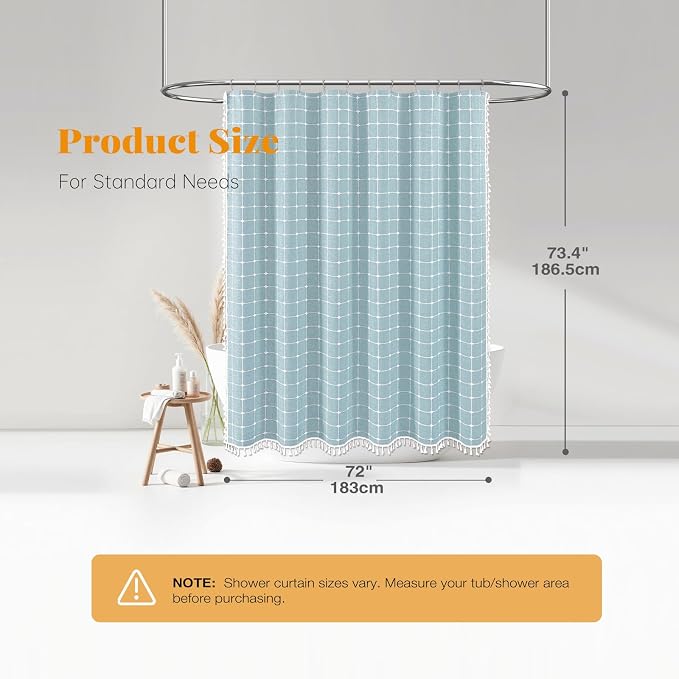 Fog Blue Boho Farmhouse Linen Heavy Duty Shower Curtain Set, 72x72 | 330GSM Linen Blend, Classic Plaid, 3-side Tassels, Water Repellent Fabric, 12 Plastic Hook, Rustic Bohemian, Machine Washable