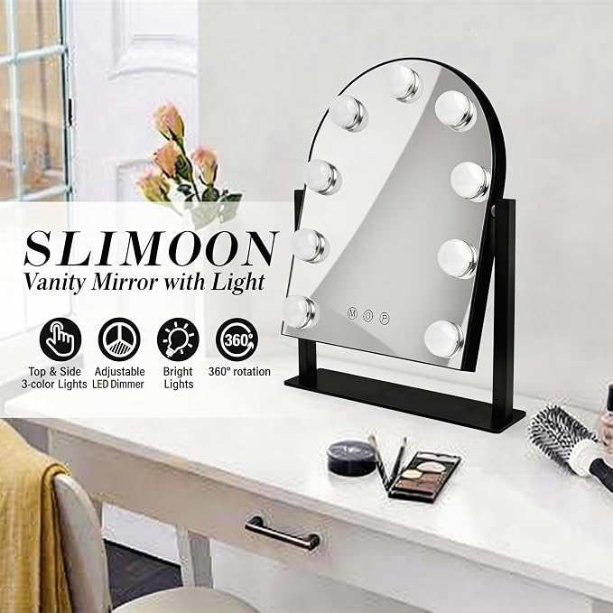 Arched Makeup Vanity Mirror with Lights,10X,Gold,14.17"x11.81" | Vanity Mirror with Detachable 10X Magnification Mirror, Rechargeable, 3 Color Lights,Smart Touch, 360‑Degree Swivel
