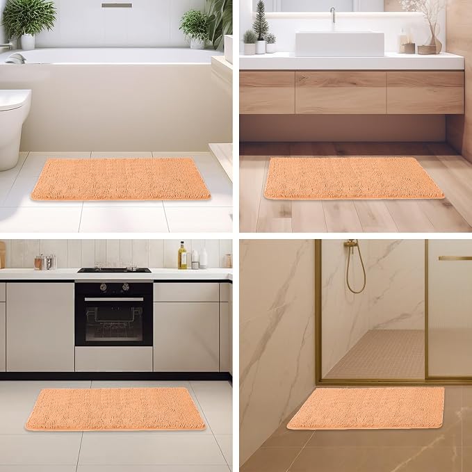 Peach Bathroom Rugs – Absorbent and Washable Bath Mat, Non-Slip, Thick Soft Chenille Bath Rugs for Bathroom Floor, Shower, Sink - 24" x 36"