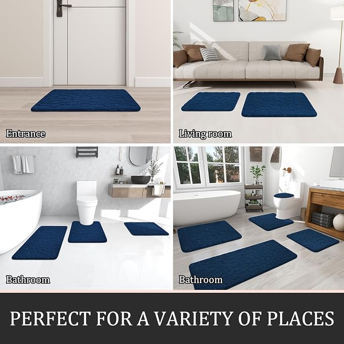 Bathroom Rugs Mat Set, Memory Foam Bath Mat 5 Piece Navy Blue | Non Slip, Water Absorbent, Washable, Bath Mat For Bathroom, Sink and Toilet